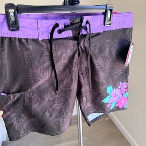 burnside Black Floral Swim workout Shorts with Purple and Hot Pink Blooms M